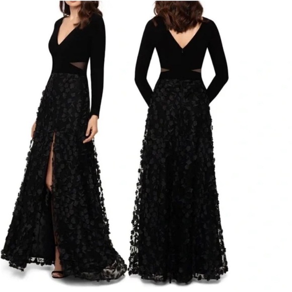 NWT Xscape Aurora 3D Floral Mesh Cutout Long Sleeve Gown Black Sz 4 - Picture 15 of 15